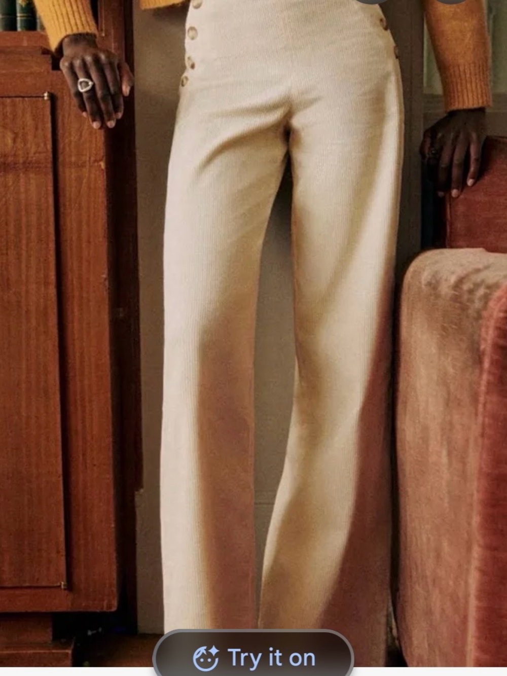 Sezane marina Cream Wide-Leg Sailor Pants with Button Detail - Picture 2 of 11